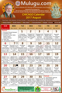 Chicago (USA) Telugu Calendar 2017 August with Tithi, Nakshatram, Durmuhurtham Timings, Varjyam Timings and Rahukalam (Samayam's)Timings