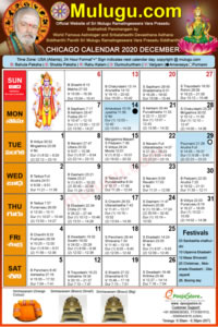 Chicago (USA) Telugu Calendar 2020 December with Tithi, Nakshatram, Durmuhurtham Timings, Varjyam Timings and Rahukalam (Samayam's)Timings