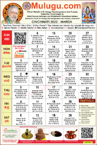 Cincinnati (City in Ohio) Telugu Calendar 2022 March with Tithi, Nakshatram, Durmuhurtham Timings, Varjyam Timings and Rahukalam (Samayam's)Timings