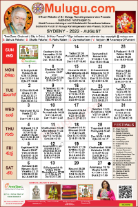 Sydney
(City in New South Wales)Telugu Calendar 2022 August with Tithi, Nakshatram, Durmuhurtham Timings, Varjyam Timings and Rahukalam (Samayam's)Timings