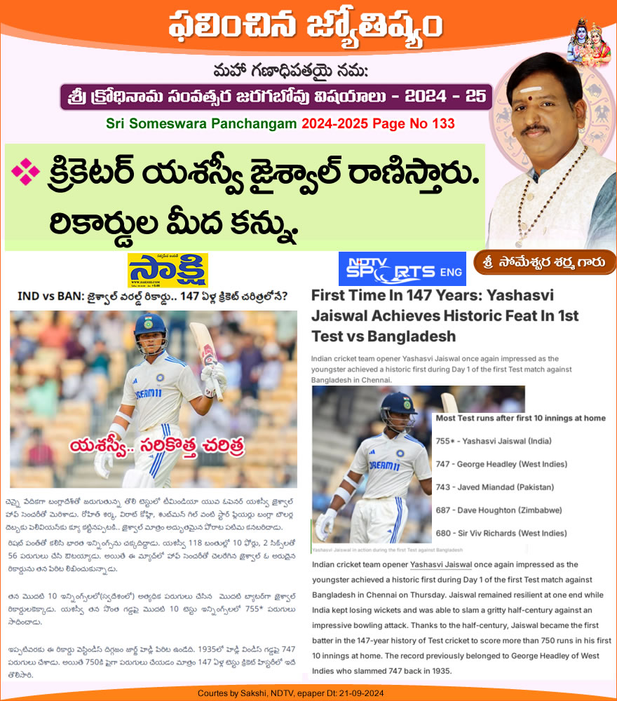 Proven Prediction First Time In 147 Years: Yashasvi Jaiswal Achieves Historic Feat In 1st Test vs Bangladesh, Proven Prediction someshwara Panchangam